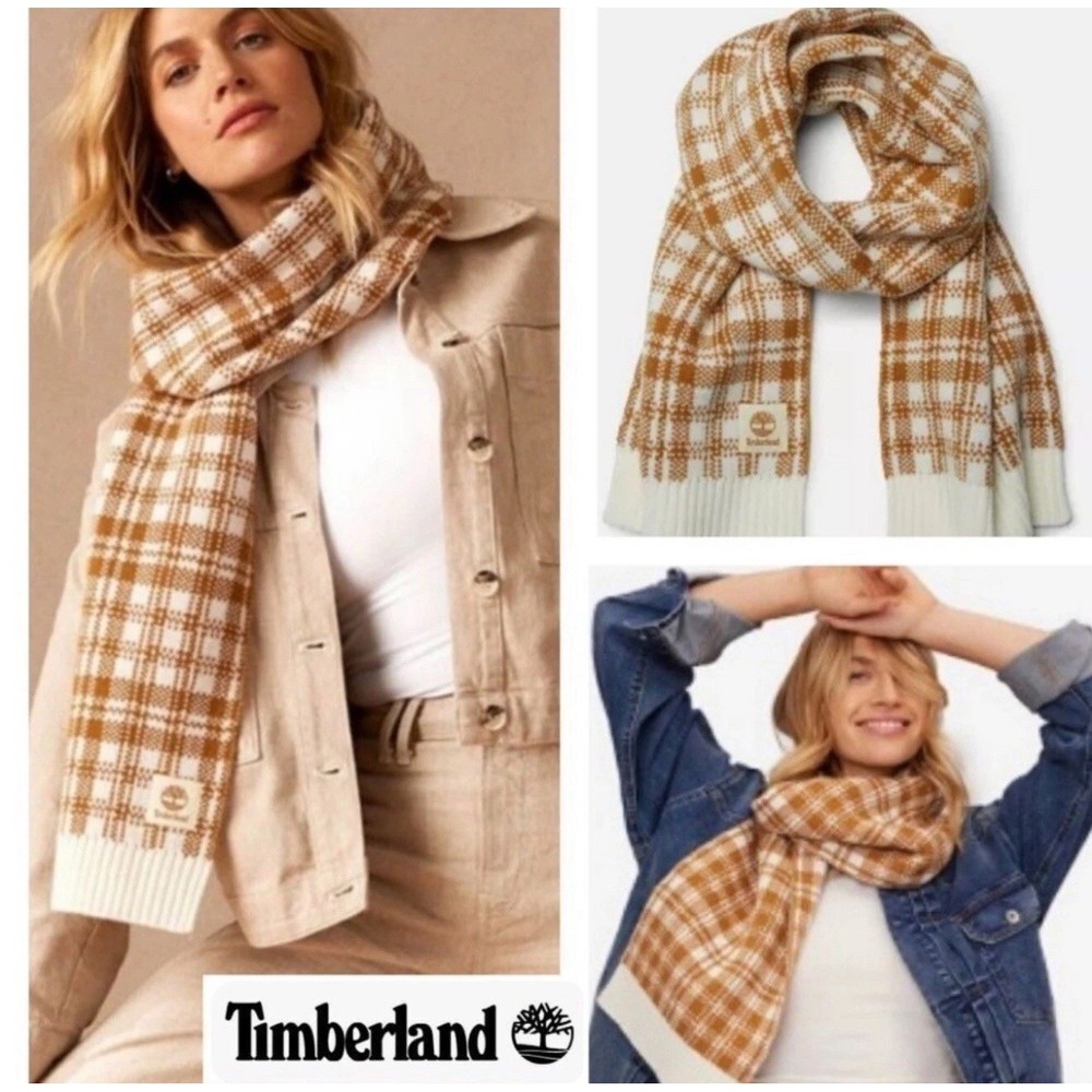 Timberland Buffalo Plaid Knit Scarf Wheat Tan Cream Chunky Unisex OS NWT $60